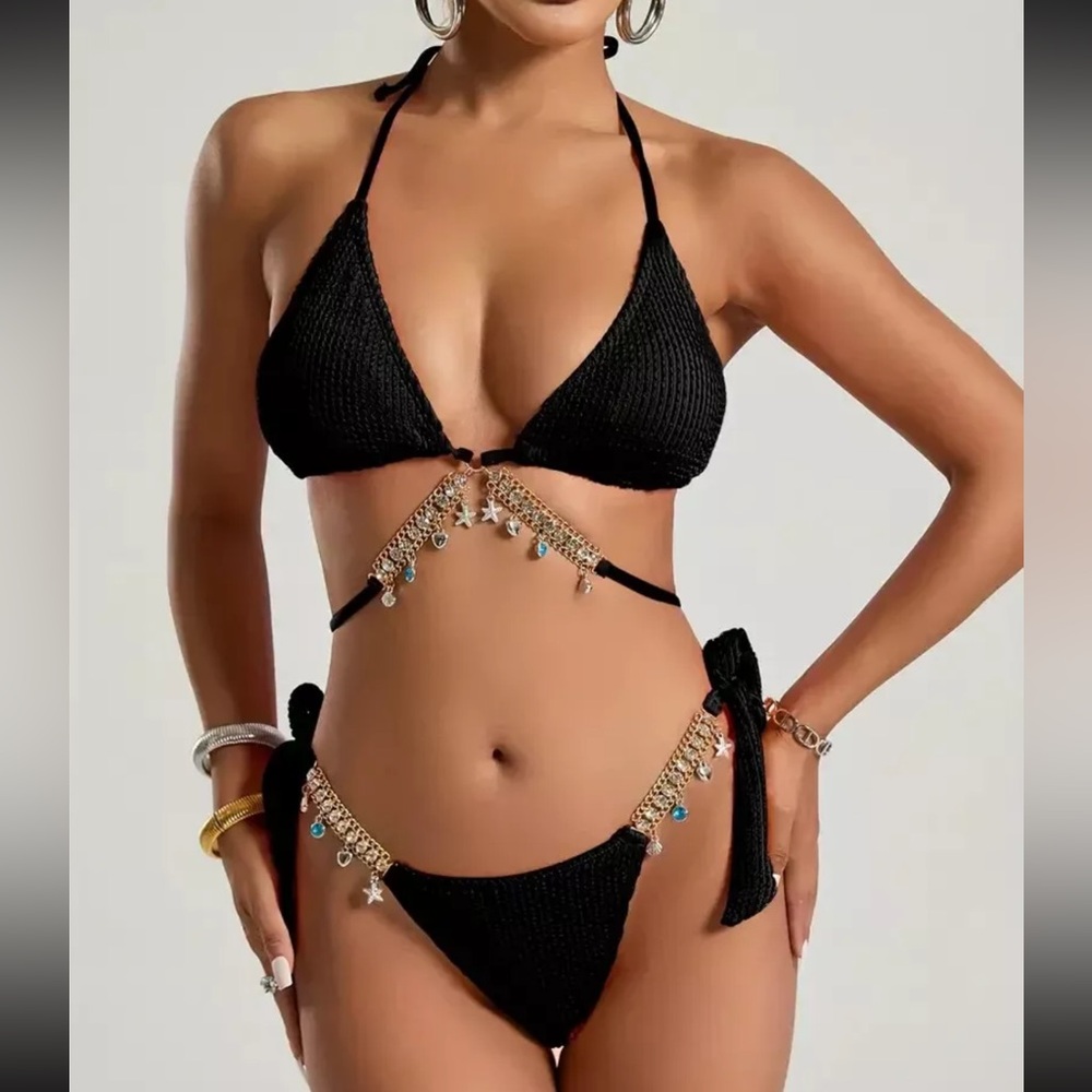 Triangle Textured Bikini Set with Gold Chain Diamond Straps and Hanging Charms